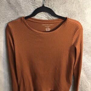American Eagle Outfitters Long-Sleeve Ribbed Top in Rust Brown